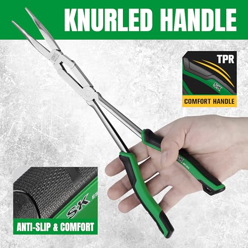 SK 13-Inch Double Compound Long Reach Pliers, 45° Bent Nose Pliers With Comfort Grips, Premium CR-V Steel Construction - style: 45-Degree Angle