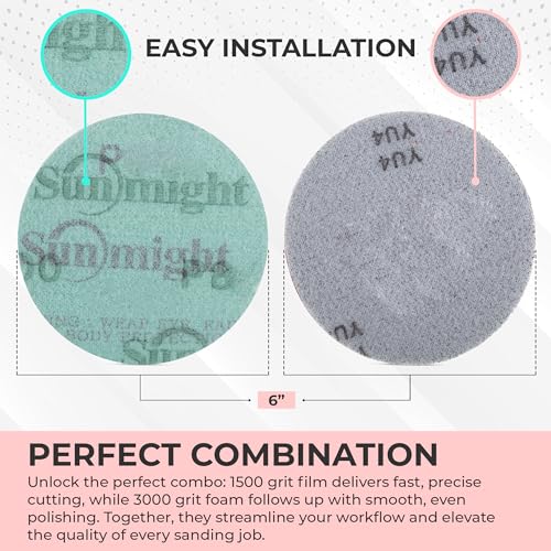 Koda Sunmight Film 6 Inch Sanding Discs 1500 Grit & 3000 Grit Foam Sander Pad- Wet/Dry Orbital Hook and Loop Sanding Discs - Aluminum Oxide - Automotive Polish Finish Soft Foam Pad - 3 Film 2 Foam Set