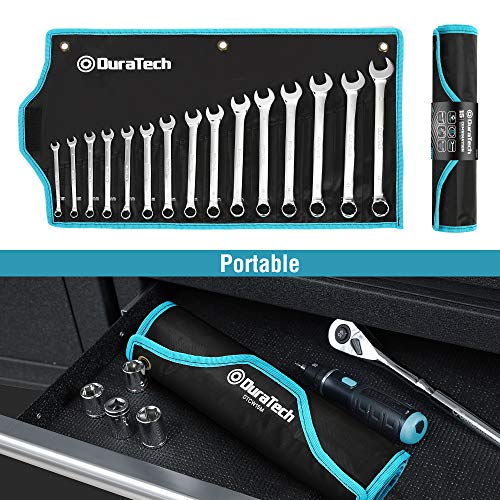 DURATECH Combination Wrench Set, Metric, 15-Piece, 8, 9, 10, 11, 12, 13, 14, 15, 16, 17, 18, 19, 20, 21, 22mm, 12-Point, CR-V Steel, with Rolling Pouch | 12-Point, CR-V Steel, Rolling Pouch - size: Set (8mm to 22mm)