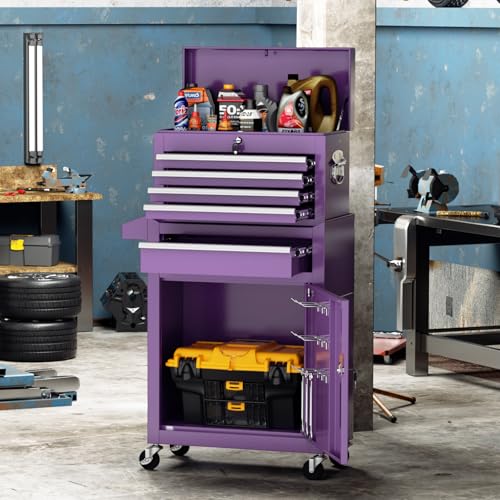 Oakcloud Heavy-Duty 5-Drawer Rolling Tool Chest & Cabinet Combo with Black Liner – Lockable Steel Garage Tool Box on Wheels – Detachable Top Toolbox & Bottom Storage Cart with Side Hooks, Purple - color: Purple, size: 5-drawer