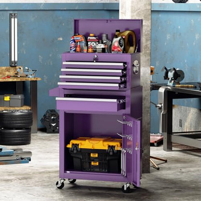 Oakcloud Heavy-Duty 5-Drawer Rolling Tool Chest & Cabinet Combo with Black Liner – Lockable Steel Garage Tool Box on Wheels – Detachable Top Toolbox & Bottom Storage Cart with Side Hooks, Purple - color: Purple, size: 5-drawer