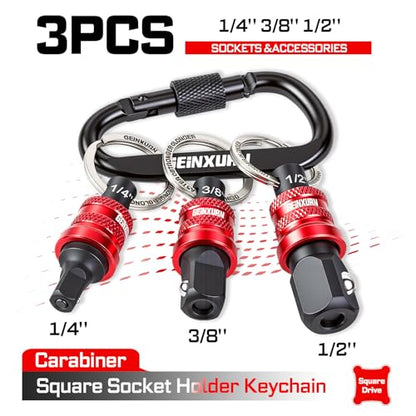 Geinxurn 3Pcs Socket Holder Keychain, 1/4"3/8"1/2" Drive Quick Release & Quick Change Socket Set Organizer for Socket Adapter Square Drive for Lineman, Electricians, Construction Crews Outdoor Work - style: B01K003