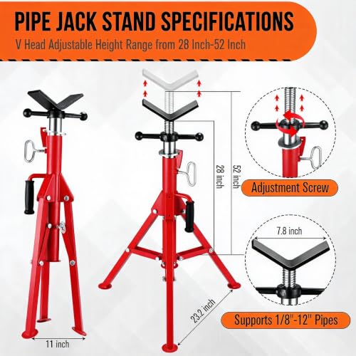 Garvee 2PCS V Head Pipe Jack Stand, Folding Portable Pipe Stands for 1/8 to 12 Inch Pipes Supporting, 2500LB Load, 28''-52'h Adjustable - color: red
