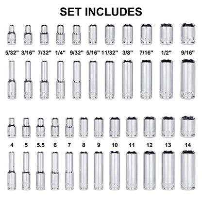 Mayouko 62 Pieces 1/4 Inch Drive Socket Set, SAE/Metric, 1/4" Dr. Socket Set with Ratchet and Adapters, 5/32-Inch - 9/16-Inch, 4mm - 14 mm