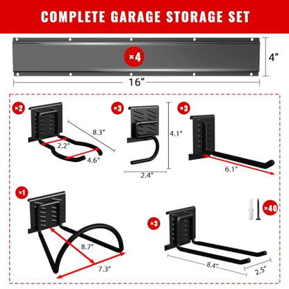 Garage Tool Organizer Wall Mount, Easy to 64inch Install Heavy-Duty Garage Storage System with 12 Adjustable Hooks, Garden Tool Rack for Shovels, Rakes, Yard Tools - size: 64" System - 12 Piece Set