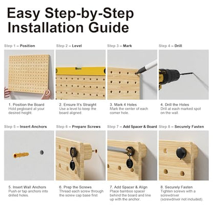 VOIMO Bamboo Pegboard Organizer Set, 6 Panels (16"x12") | 48 Hooks, Eco-Friendly Wall Mounted Storage Rack for Tools, Crafts & Office – Natural Bamboo Pegboard with Accessories - size: 16'' X 12'' (6 Panels)
