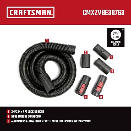 CRAFTSMAN CMXZVBE38763 2-1/2 in. x 7 ft. POS-I-LOCK Wet Dry Vacuum Hose | Industrial-Grade Shop Vacuum Hose Attachment Kit, Fits Most CRAFTSMAN Wet/Dry Vacuums with a 2-1/2 in. Diameter Inlet - style: 2-1/2 in. by 7 ft.