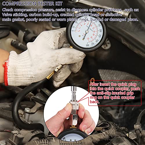 JIFETOR Engine Compression Tester Gauge Kit Cylinder Test Pressure Gage Tool 9PCS Set with Adapters for Testing Small Gas Petrol Gasoline Engine on Automotive Motorcycle Auto Outboard Motor Snowmobile