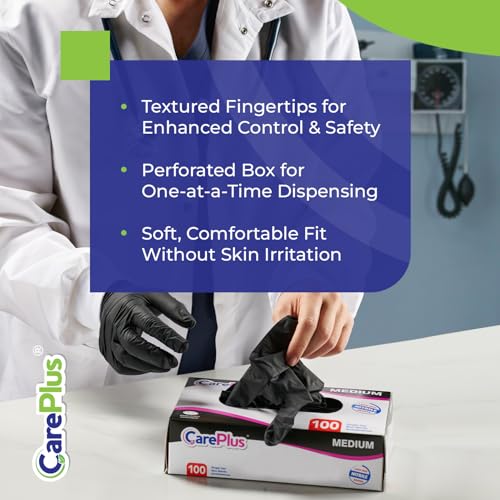 CARE PLUS Nitrile Gloves for Medical Use - Powder & Latex-Free - Black/Blue - S, M, L, XL - 100, 200, 1000 - color: Black, size: Medium