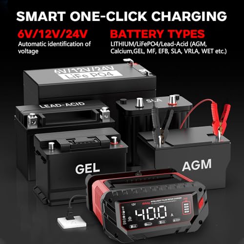 40 Amp Battery Charger, 6V/12V/24V Smart trickle Charger,car Battery Charger,Lithium, Lifepo4, Lead Acid (AGM/Gel/SLA...) Battery maintainer, desulfurizer, for:car, Boat, Motorcycle,Lawn mowers..