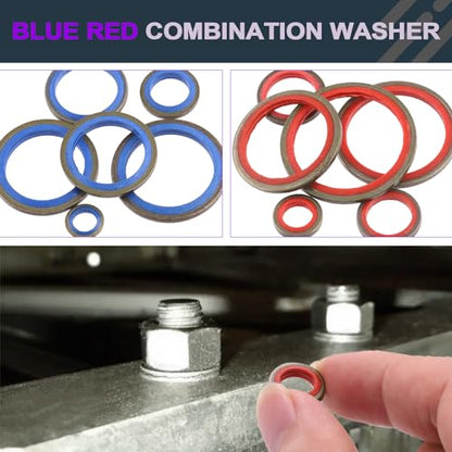 Swpeet 145Pcs 12Sizes 2Colors Self-Centred Dowty Seal Gasket O Ring Kit, Bonded Seal Washer NBR Metric Metal Oil Drain Plug Gasket Kit for Automotive M6 M8 M10 M12 M14 M16 M18 M20 M22 M24 M27 M30