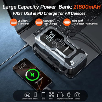 Acmount D18 Jump Starter with Air Compressor, 6000A Car Battery Jumper Starter Portable(All Gas/10.0L Diesel), 150PSI Tire Inflator Air Pump, 12V Jump Pack, 800LM Flashlight, Car Gift for Men
