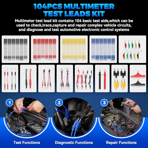 Autory 104PCS Automotive Circuit Test Leads Kit, Multimeter Terminal Test Leads Kit Multi Function Probe Test Kit with Heavy Duty Back Probes Test Lead Set Wire Connectors Set with Black Carrying Case