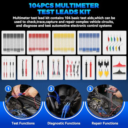 Autory 104PCS Automotive Circuit Test Leads Kit, Multimeter Terminal Test Leads Kit Multi Function Probe Test Kit with Heavy Duty Back Probes Test Lead Set Wire Connectors Set with Black Carrying Case