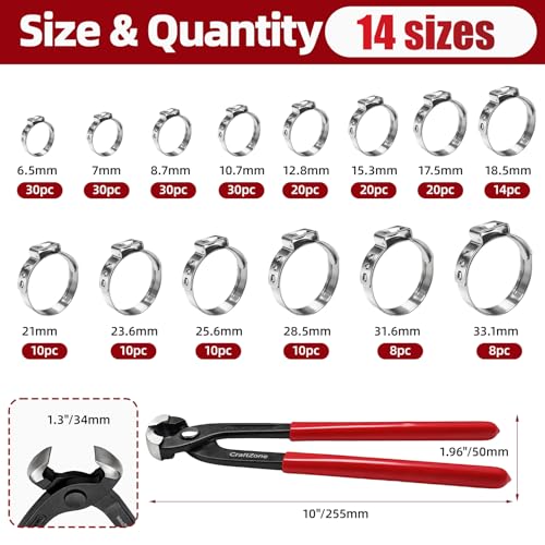 250PCS Single Ear Hose Clamp Kit with Storage Box & Ear Clamp Pliers, Stepless Adjustable Cinch Clamps with Pincer Tool for Automotive, Garden, Home Plumbing and Hydronic Heating