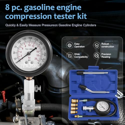 Engine Compression Tester Kit 8PCS, 0-300 PSI Cylinder Pressure Test Tool for Gasoline Engines on Cars, Motorcycles, ATVs & Small Engines with Dual Scale Gauge and Adapters (Blue-8PC)
