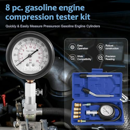 Engine Compression Tester Kit 8PCS, 0-300 PSI Cylinder Pressure Test Tool for Gasoline Engines on Cars, Motorcycles, ATVs & Small Engines with Dual Scale Gauge and Adapters (Blue-8PC)