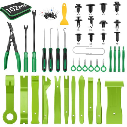 GOOACC 102Pcs Trim Removal Tool, Auto Push Pin Nylon Bumper Retainer Clip Set Fastener Terminal Remover Tool Round Handle Crowbar Kit Car/Radio Panel, Green - color: 102Pcs Clips+ Remover Green
