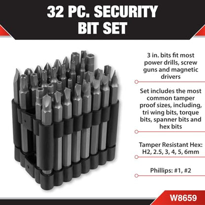 Performance Tool W8659 Security Bit Set, 32-Piece - size: 32pc Security Bit Set