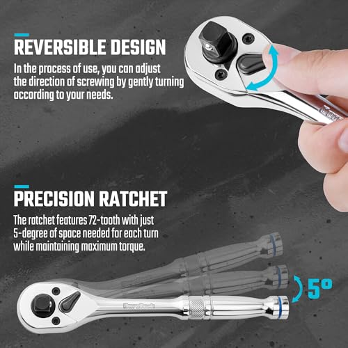 DURATECH 3-IN-1 Ratchet Handle, 1/4", 3/8", 1/2", with 2 Extension Bars | 72-Tooth, Reversible Switch, Full-Polished Chrome Plating, Alloy Steel - style: Ratchet Set