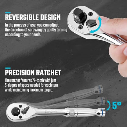 DURATECH 3-IN-1 Ratchet Handle, 1/4", 3/8", 1/2", with 2 Extension Bars | 72-Tooth, Reversible Switch, Full-Polished Chrome Plating, Alloy Steel - style: Ratchet Set