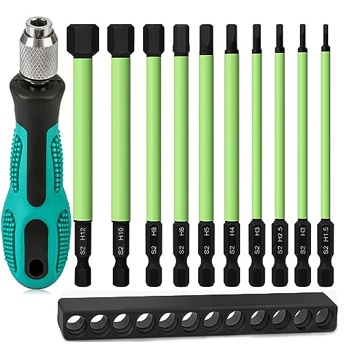 1/4" Hex Head Allen Wrench Drill Bits Long 100MM + Quick Change Bit Driver, Metric 1.5MM to 12MM Magnetic Tips Hex Key Drill Bit Set, 3.94" Screwdriver Socket Bit Set, S2 Steel, New Version - style: Set 8: Metric + Quick Release Bit Holder