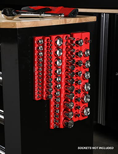 ARES 60035-3-Piece Set SAE Magnetic Socket Organizers - RED -Includes 1/4 in, 3/8 in, 1/2 in Socket Holders - Holds 68 Standard (Shallow) and Deep Sockets - Also Available in GREEN - color: Red (Sae), size: 1/4, 3/8, 1/2-Inch Drive - 3-Piece Set