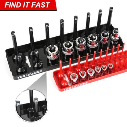 TOOLEAGUE 9Pcs Socket Organizer Tray and Magnetic Wrench Holder Set,Red SAE & Black Metric, 1/2", 1/4", 3/8" Socket Storage Trays for Tool Box Drawer - size: 9pcs