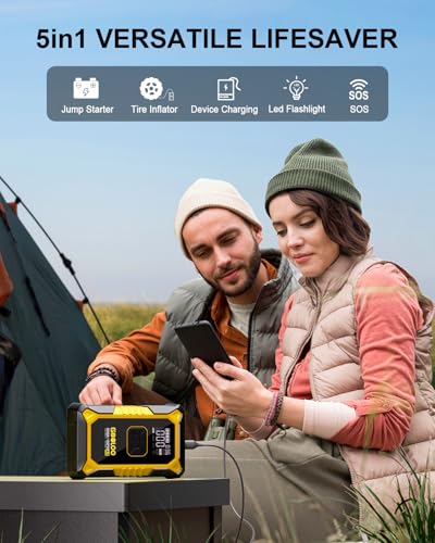 GOOLOO A3 12V 3000A Portable Jump Starter with Air Compressor | 7-in-1: 3000A Lithium Jumper Box - 150 PSI Tire Inflator - USB-A Output - LED Flashlight - Ball / Bike Pump - Pressure Gauge - color: Yellow
