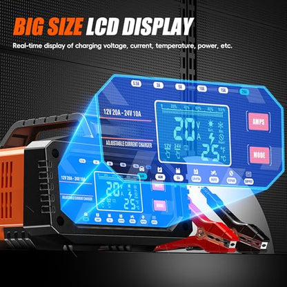 Car Battery Charger 20A 12V/24V Adjustable Current 0.5A-20A LiFePO4 Lead Acid Fully Automatic Battery Maintainer, Smart Trickle Charger with Pulse Repair, Winter Mode, for AGM Gel Deep Cycle Batteries