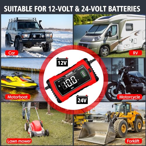 Lithium/LiFePO4/Lead Acid Battery Charger Smart Battery Trickle Charger 12V/24V 10A/5A Automotive Battery Maintainer Desulfator Temp Compensation for Car Truck Motorcycle Lawn Mower Marine RV