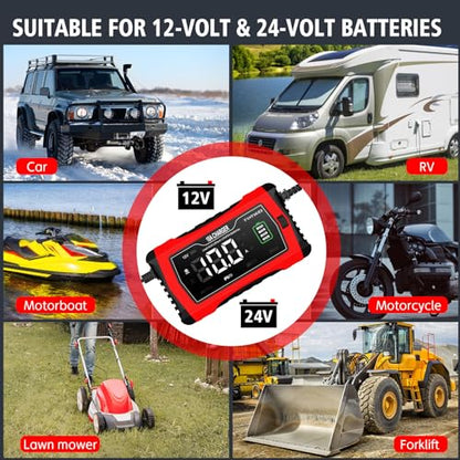 Lithium/LiFePO4/Lead Acid Battery Charger Smart Battery Trickle Charger 12V/24V 10A/5A Automotive Battery Maintainer Desulfator Temp Compensation for Car Truck Motorcycle Lawn Mower Marine RV