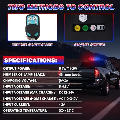 Rechargeable Red Blue Emergency Roof Top Strobe Light Wireless Battery, 48LED 17 Flashing Modes,High Low Brightness,Hazard Traffic Lights w/Magnetic Base, Remote Control for Construction Vehicles - color: Red Blue