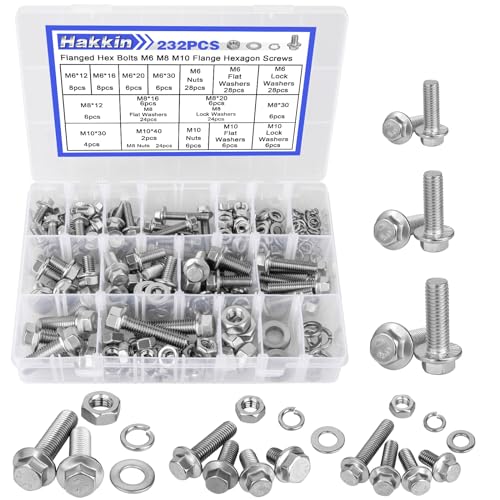 Hakkin 232Pcs Flange Bolts and Nuts Kit M6 M8 M10 Metric Flange Bolt Assortment, 304 Stainless Steel Metric Hex Bolts, M6-1.0 M8-1.25 M10-1.5 Flange Screw Set Nuts and Bolts Assortment Kit - size: 232PCS M6 M8 M10 Flanged Bolts Silver
