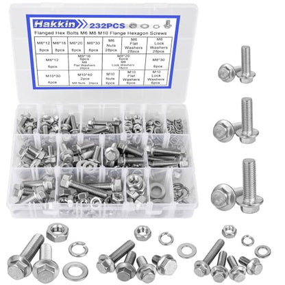 Hakkin 232Pcs Flange Bolts and Nuts Kit M6 M8 M10 Metric Flange Bolt Assortment, 304 Stainless Steel Metric Hex Bolts, M6-1.0 M8-1.25 M10-1.5 Flange Screw Set Nuts and Bolts Assortment Kit - size: 232PCS M6 M8 M10 Flanged Bolts Silver