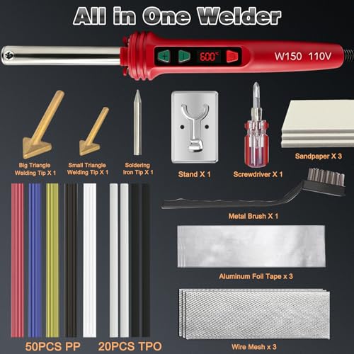 150W LED Digital Adjustable Temperature Plastic Welder, 3 IN 1 Welding Kit with 70PCS Rods, 3 Tips Welder Soldering Iron Kit, Plastic Repair Kit for Car Bumper/Kayaks,etc (Red)