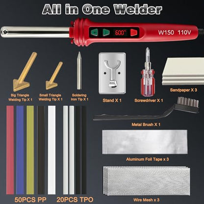 150W LED Digital Adjustable Temperature Plastic Welder, 3 IN 1 Welding Kit with 70PCS Rods, 3 Tips Welder Soldering Iron Kit, Plastic Repair Kit for Car Bumper/Kayaks,etc (Red)