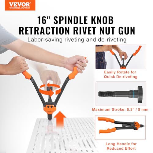 VEVOR 16" Rivet Nut Tool, Labor-Saving Rivnut Tool Kit with 13PCS Metric & SAE Mandrels, 186PCS Rivet Nuts,M3, M4, M5, M6, M8, M10, M12, 1/4-20, 5/16-18, 3/8-16,1/2-13, 8-32, 10-24 with Carrying Case - size: 16", style: RIVET NUT TOOL