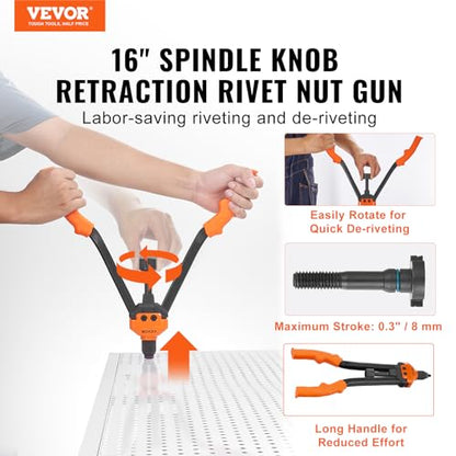 VEVOR 16" Rivet Nut Tool, Labor-Saving Rivnut Tool Kit with 13PCS Metric & SAE Mandrels, 186PCS Rivet Nuts,M3, M4, M5, M6, M8, M10, M12, 1/4-20, 5/16-18, 3/8-16,1/2-13, 8-32, 10-24 with Carrying Case - size: 16", style: RIVET NUT TOOL