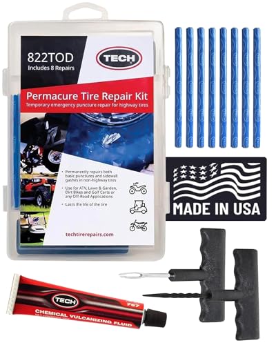 TECH PermaCure Self-Vulcanizing Tire Repair Kit - Includes Reaming Tool, Insert Tool, PermaCure Plugs & Vulcanizing Fluid – Permanent Repair for ATV, Dirt Bikes, Trailers, Lawn Mowers & Tubeless Tires