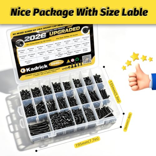 Kadrick M3 Screws Assortment Kit, 2440 Pcs Hex Socket Cap & Phillips Flat Head M3 Bolt Kit, 4-35mm Length, Nuts, Washers & Allen Wrench Included,M3 Bolts for 3D Printing - size: M3 2440Pcs 4-35mm