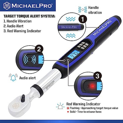 MichaelPro 3/8 Digital Torque Wrench with Angle Function, 10 to 100 ft-lbs (10 to 135 Nm), Target Torque Multi-Alert System, 10 Available Presets | MP001224 (3/8" Drive Fixed Head) - size: 3/8" Drive Fixed Head