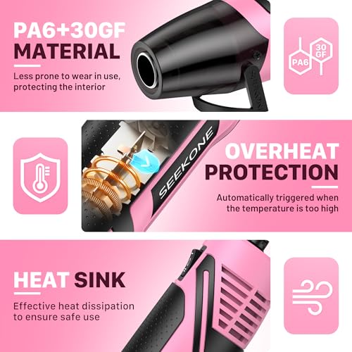 SEEKONE 350W Mini Heat Gun with 2-Temp Settings 500℉ & 842℉(260℃& 450℃) Fast Heat Hot Air Gun Tool with Overload Protection and Reflector Nozzle for 3D Printing, Crafting, and Shrink Tubing - color: Pink