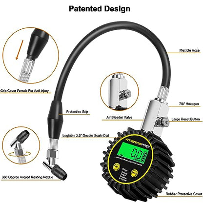 Digital Tire Pressure Gauge,ATsafepro Tire Pressure Gauge with Flexible Hose and Angled Chuck, Tire Pressure Gauge for Cars,Air Pressure Gauge - Professional Accuracy - 200 PSI