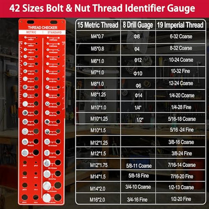Manalete Thread Checker, 42 Nut and Bolt Thread Checker, Screw Size and Thread Identifier Gauge with 19 Standard & 15 Metric & 8 Drill Bit Gauges, Bolt Size Finder for Quickly Identify Thread Sizes - size: 42 Gauges - 19 Inch & 15 Metric &8 Drill Gauges