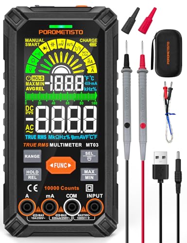 Smart Digital Multimeter Auto-Ranging,10000 Counts True-RMS | POROMETISTO Rechargeable Voltmeter Multimeter with NCV & Capacitance Check,Dual Fuse Electric Tester for HVAC & Automotive
