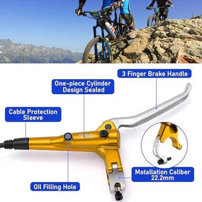 TOBWOLF Premium Gold MTB Hydraulic Disc Brake Set, Pre-Bled Dual Piston Aluminum Calipers & Levers with 160mm Rotors, Left Front 810MM & Right Rear 1470MM for Mountain Bike, E-Bike, Fat Bike - color: Gold Hydraulic Disc Brake Set - Dual Piston