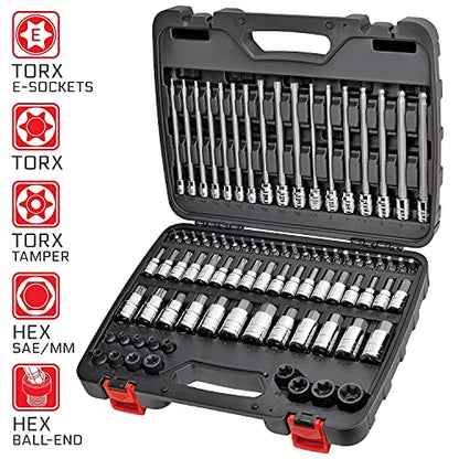 CARBYNE 84-Piece Master Hex & Torx Bit Socket Set & External-Torx Socket Set | S2 Steel Bits, CrV Steel Sockets, Corrosion Resistance, Durable Case | 1/4", 3/8" & 1/2" Dr.