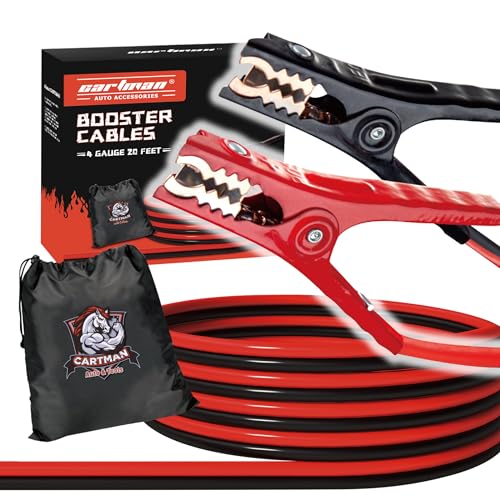 Cartman 4 Gauge 20 ft Heavy Duty Jumper Cables with Carry Bag | Rubber-Insulated Clamps, High-Density CCA Conductors, Cold-Resistant Cable Jacket - size: 20-Feet (4-Gauge)