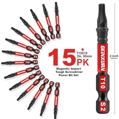 Geinxurn 15 Pieces T10 Impact Tough Magnetic Screwdriver Bit Set, 2 In. #10 Torx Head Power Bit Set, S2 Alloy Steel T10 Star Bit Set - size: 2"-15PCS, style: T10